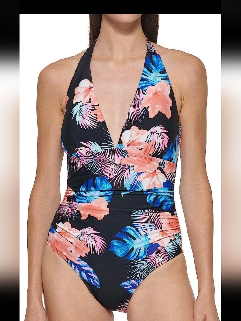 DKNY Women's One Piece SIZE S.      Tummy Control Halter Swimsuit  SPF PROT